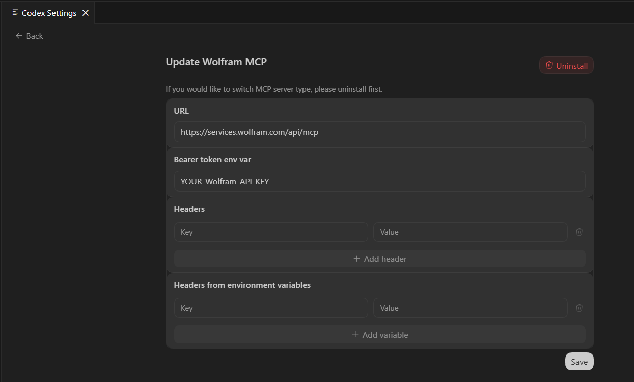Codex MCP configuration in VS Code