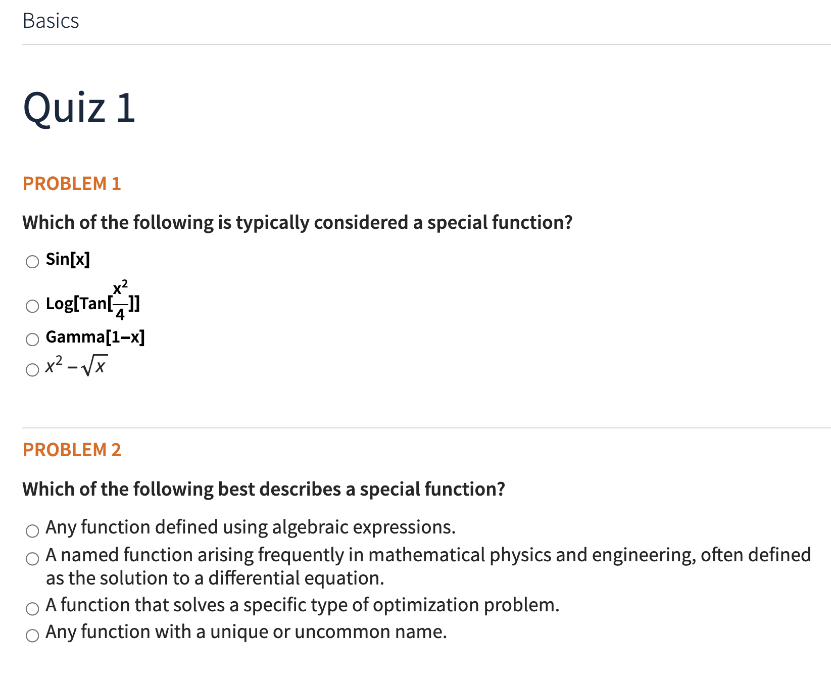 Introduction to Special Functions course quiz problems