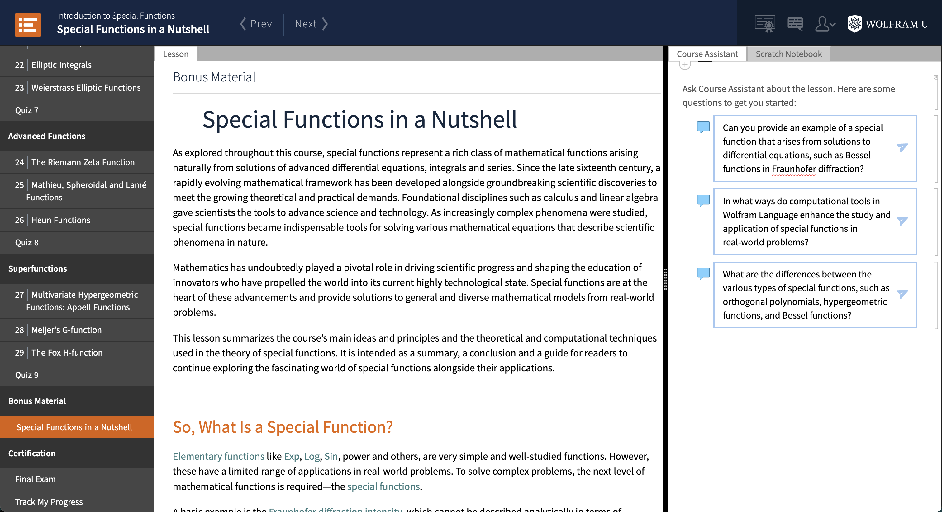 Introduction to Special Functions course framework