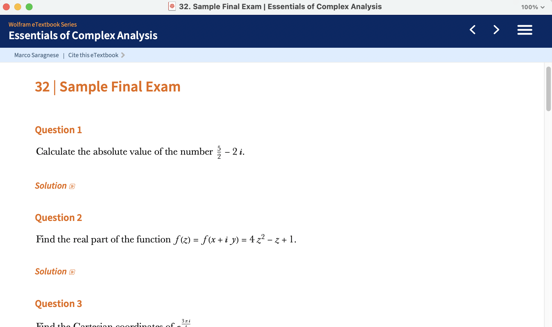 "Essentials of Complex Analysis" sample final exam