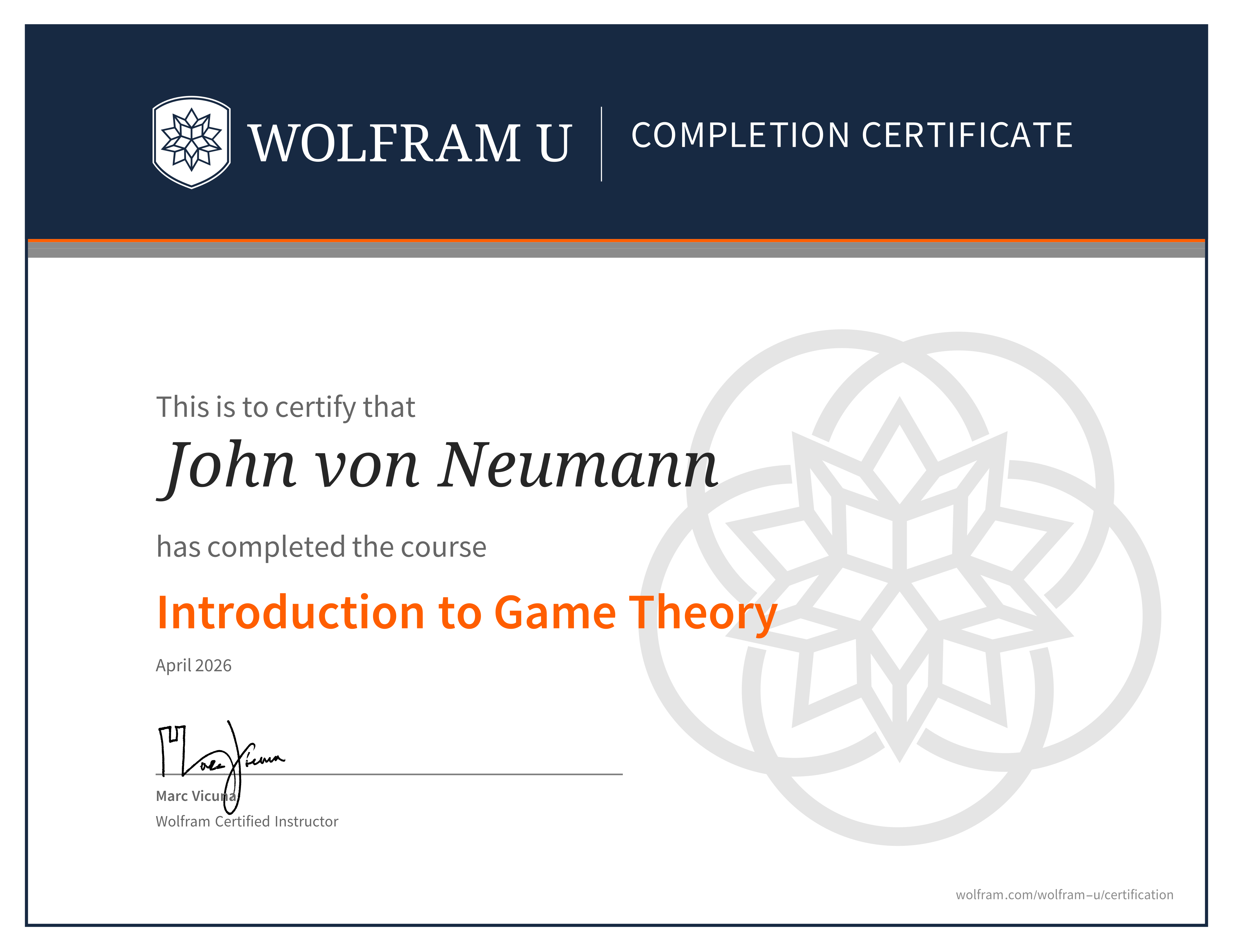 Introduction to Game Theory course certificate