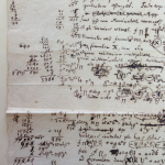 Example of basic school-level arithmetic calculations written out in the margin by Leibniz