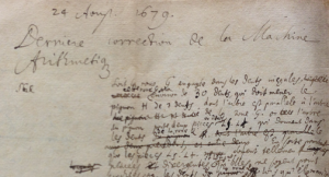 1679 writing (in French) of the last correction to the arithmetic machine