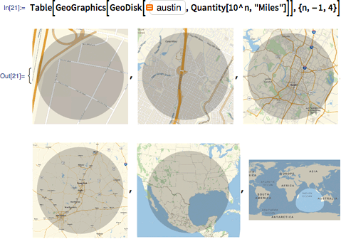 Table[GeoGraphics[GeoDisk[(=Austin), Quantity[10^n, "Miles"]]], {n, -1, 4}]