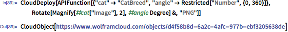 CloudDeploy[APIFunction[{"cat" -> "CatBreed", "angle" -> Restricted["Number", {0, 360}]}, Rotate[Magnify[#cat["Image"], 2], #angle Degree] &, "PNG"]]