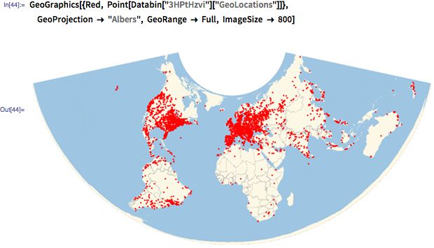 GeoGraphics[{Red, Point[Databin["3HPtHzvi"]["GeoLocations"]]},  GeoProjection -> "Albers", GeoRange -> Full, ImageSize -> 800]