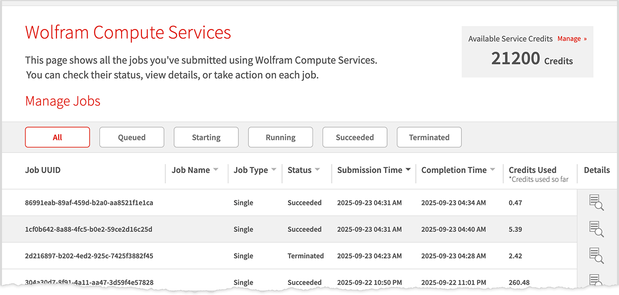 Wolfram Compute Services dashboard