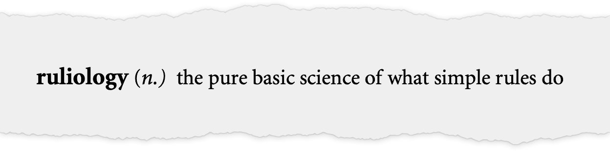A banner displaying the word “ruliology”, labeled as a noun, followed by the definition “the pure basic science of what simple rules do”. A banner displaying the word “ruliology”, labeled as a noun, followed by the definition “the pure basic science of what simple rules do”.