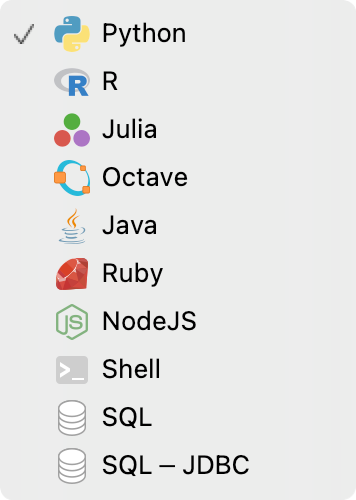 Menu of external code types