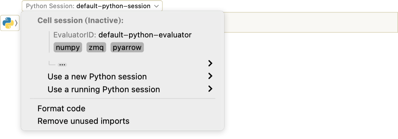 External code cell session menu